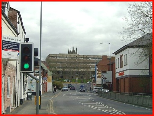 Entering Warwick via the Birmingham Road. You can just see the top of the tall tower of St Mary's Church.